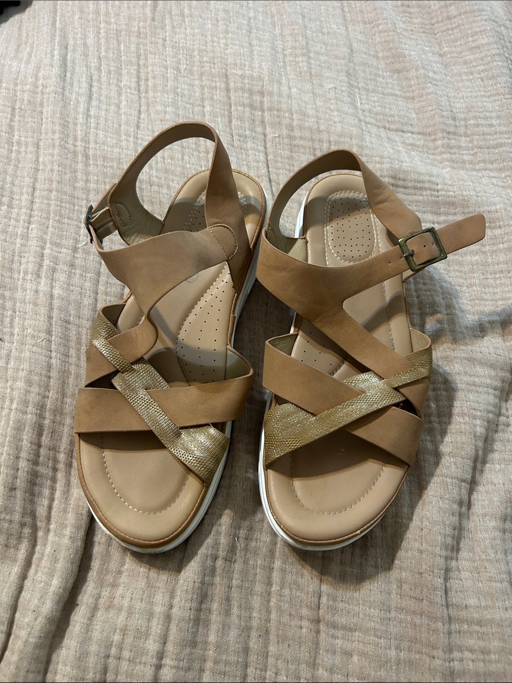Women's Tan Sandals with Metallic Gold Cross Straps